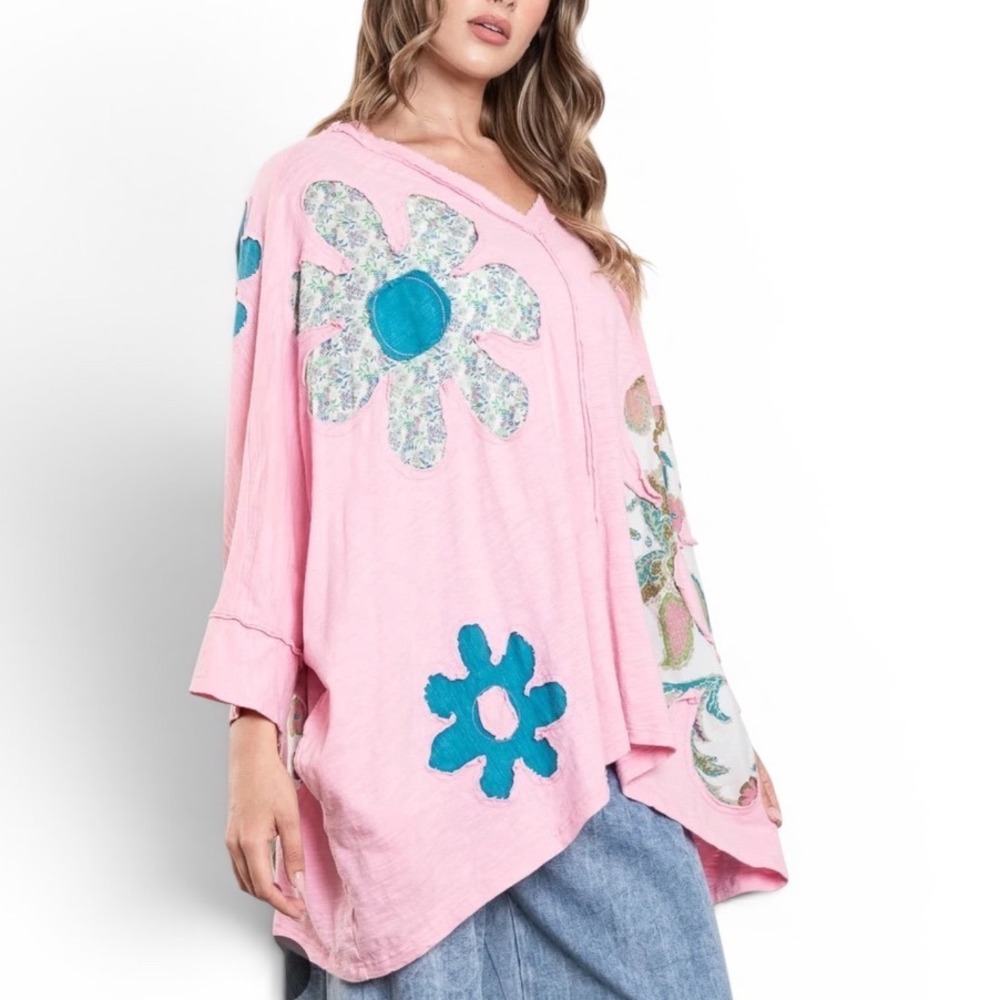 Blue Velvet Pink Floral Patchwork TunicTop XL Cottagecore Bohemian Oversized Art